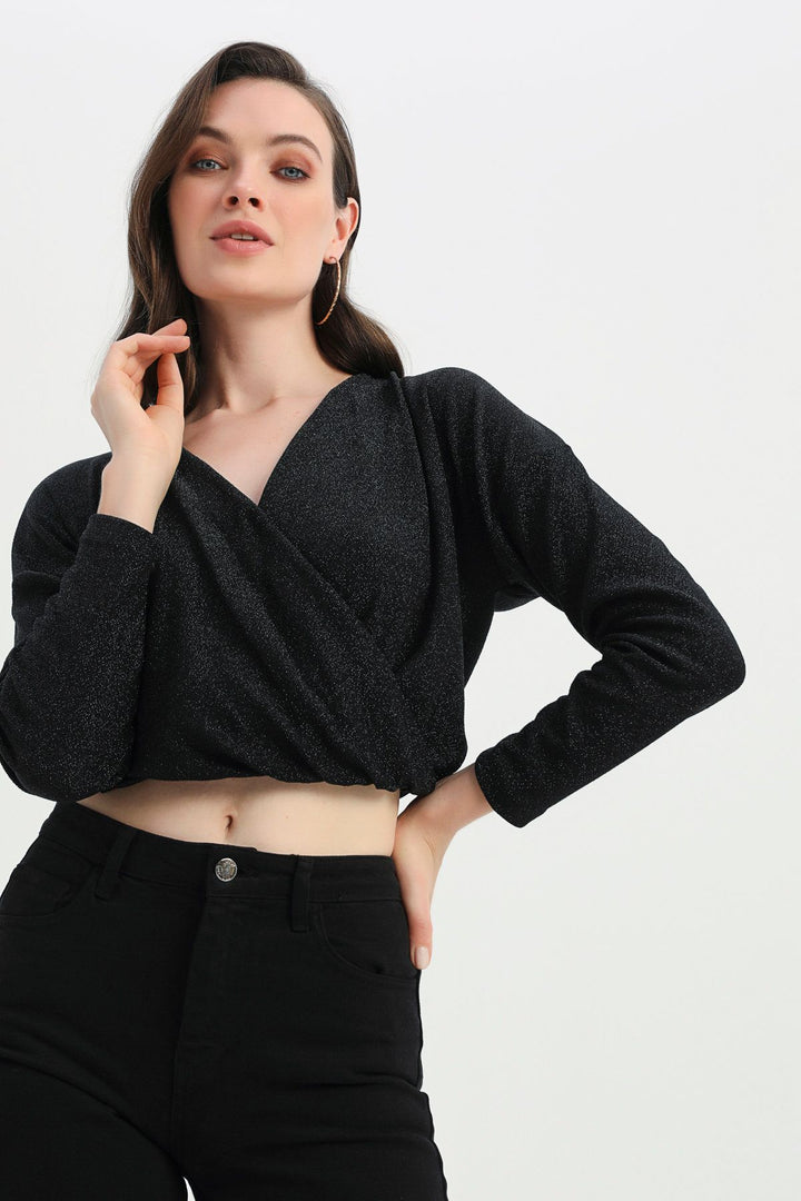 Double Breasted Silvery Blouse Black