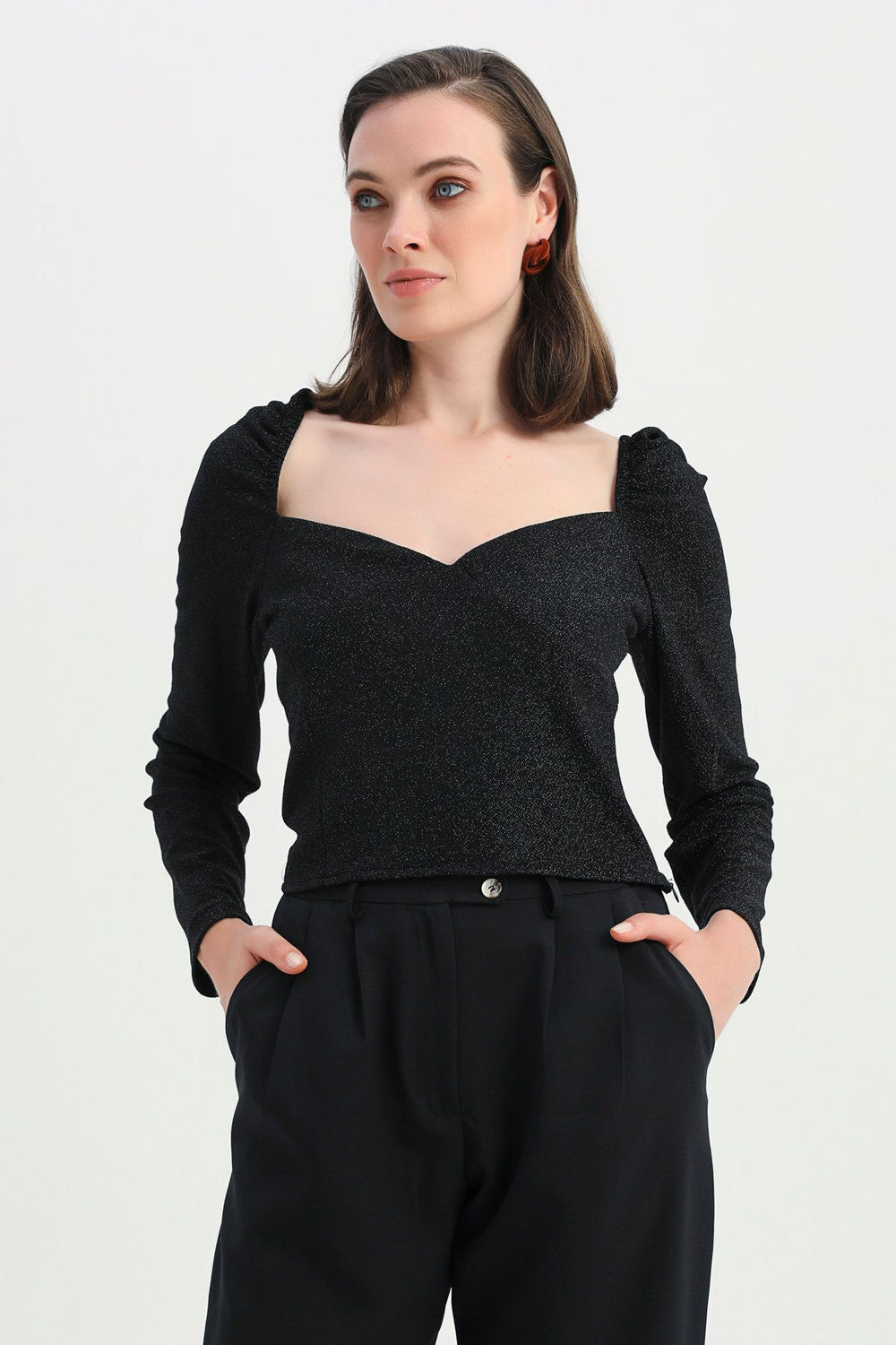 V-Neck Silvery Blouse Black