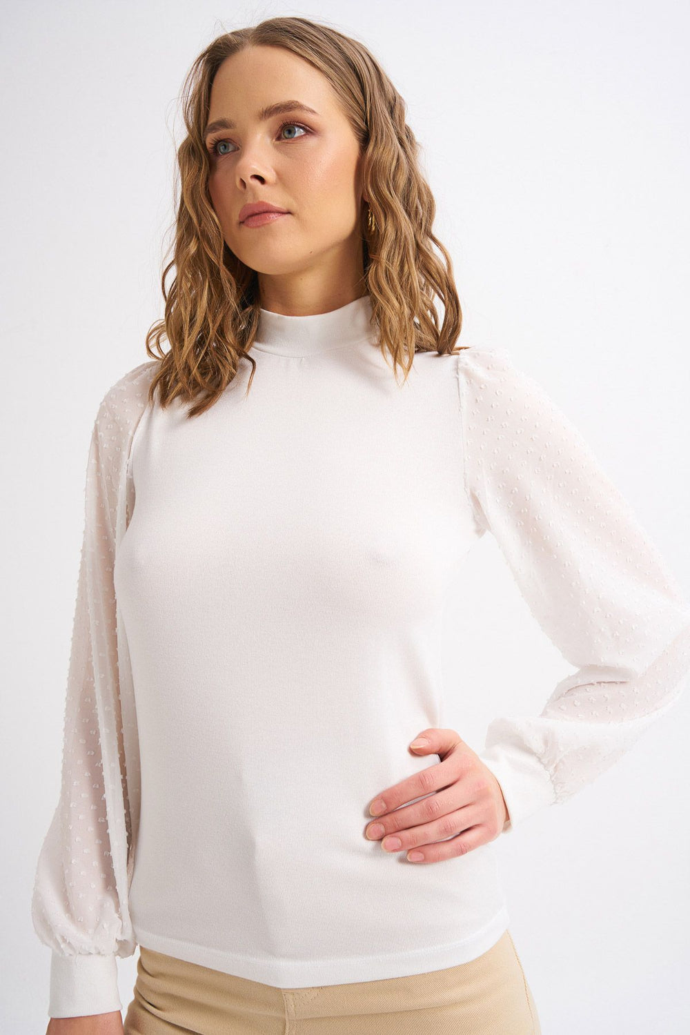 Turtleneck Sleeve Detailed Blouse Ecru