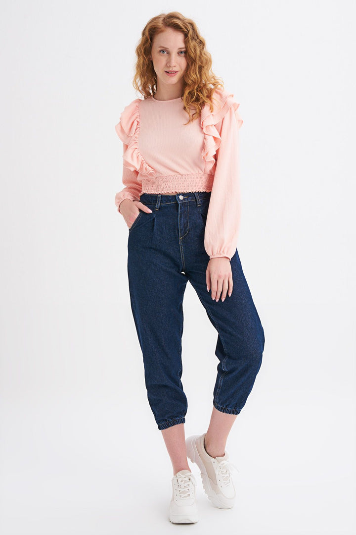 Frilled Crop Blouse With Waist Gipey Powder