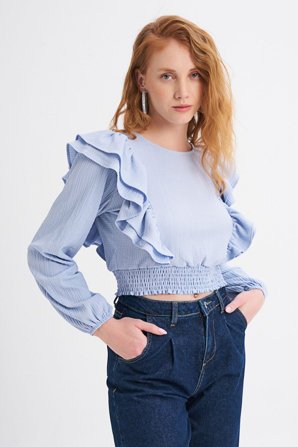 Ruffled Crop Blouse With Waist Gippe Blue