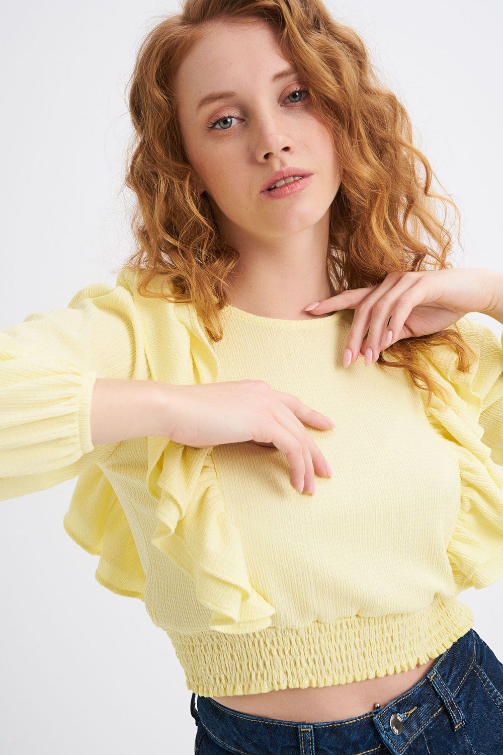 Ruffled Crop Blouse Yellow With Waist Gipe