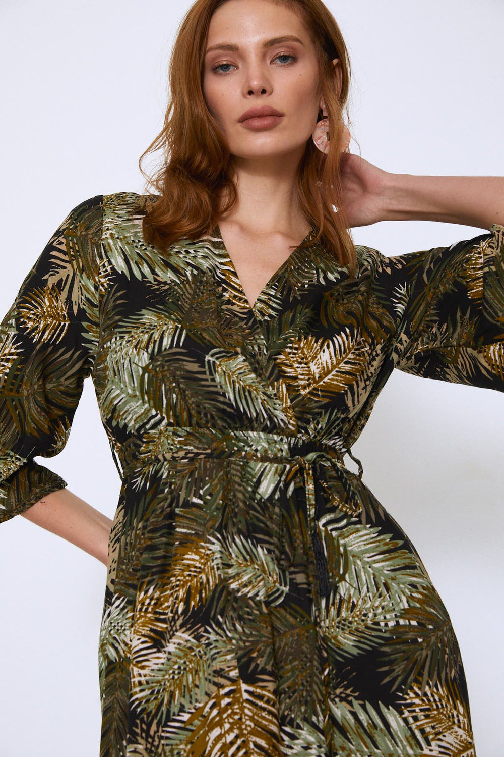 Palm Patterned V-Neck Dress Khaki