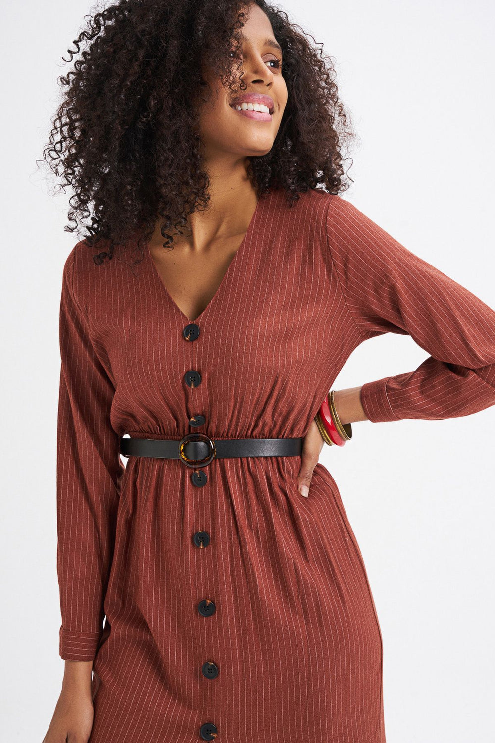 Belt Detailed Front Buttoned Striped Dress Tile