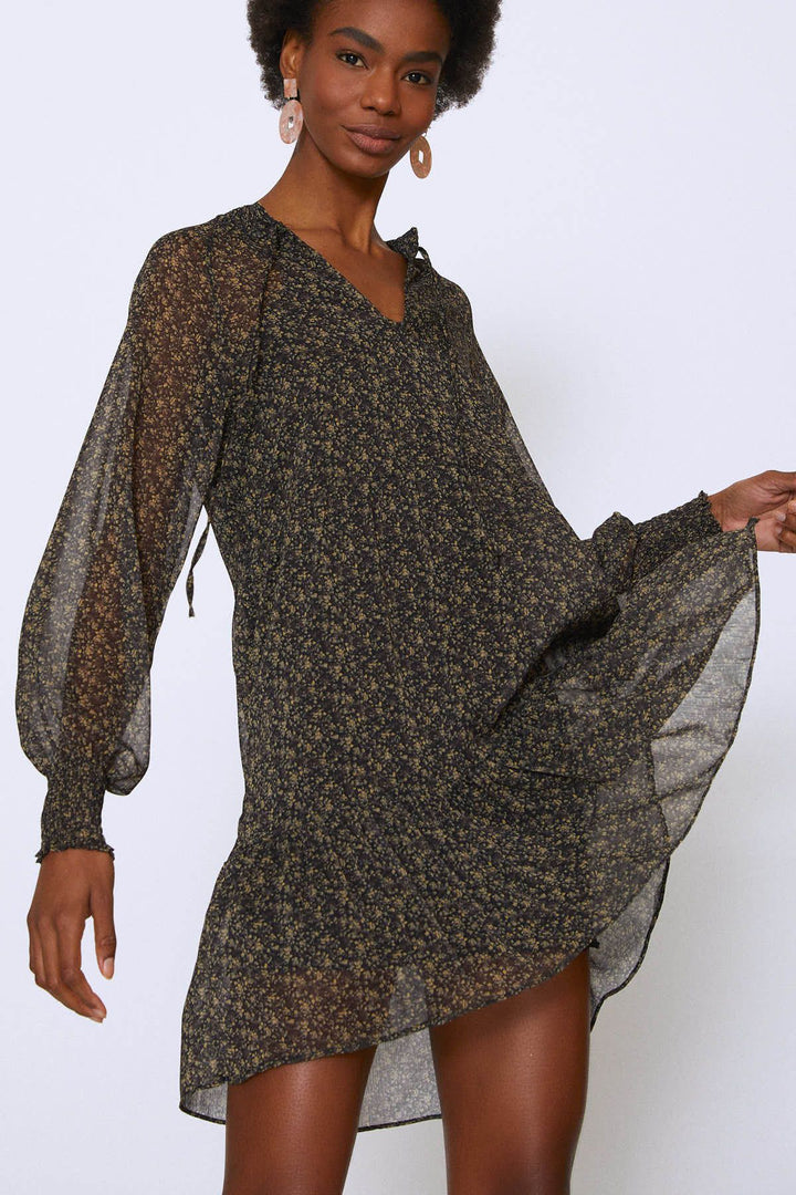 Crispy Floral Collar Tie Chiffon Dress Khaki