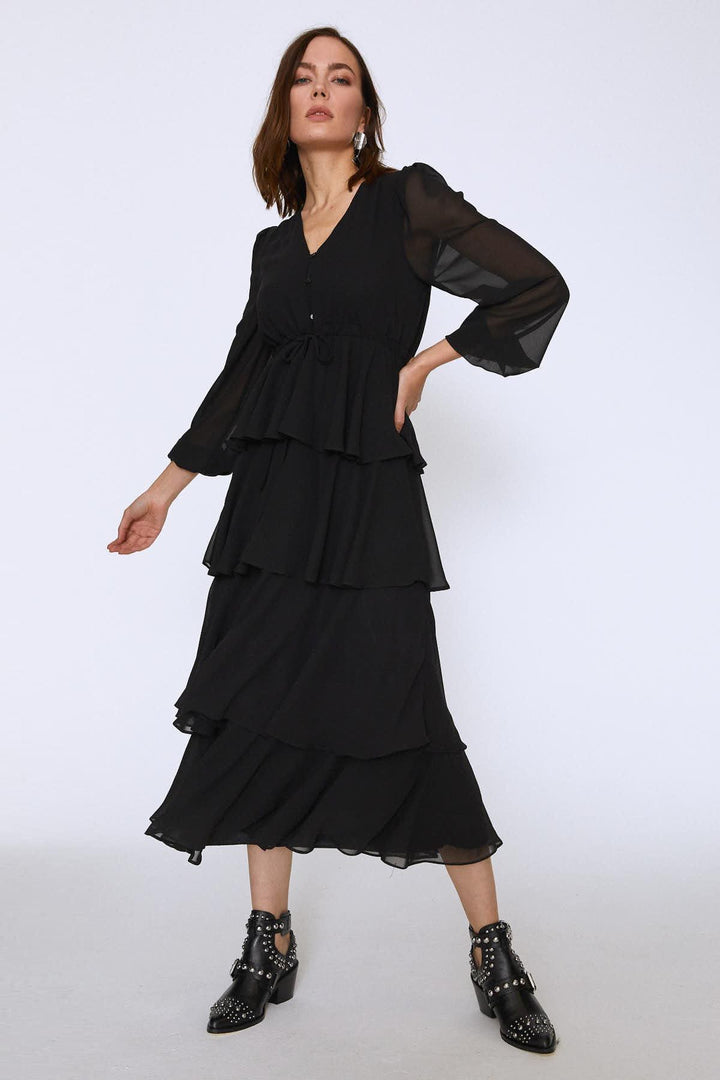 Eteği Katkat Şifon ELbise Siyah