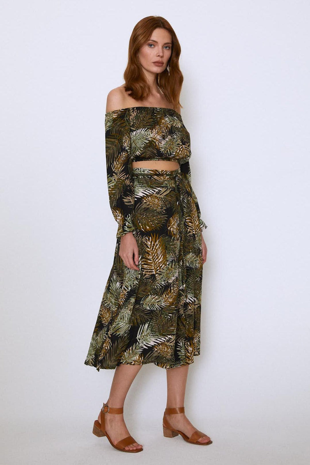 Palm Patterned Wrap Skirt Khaki