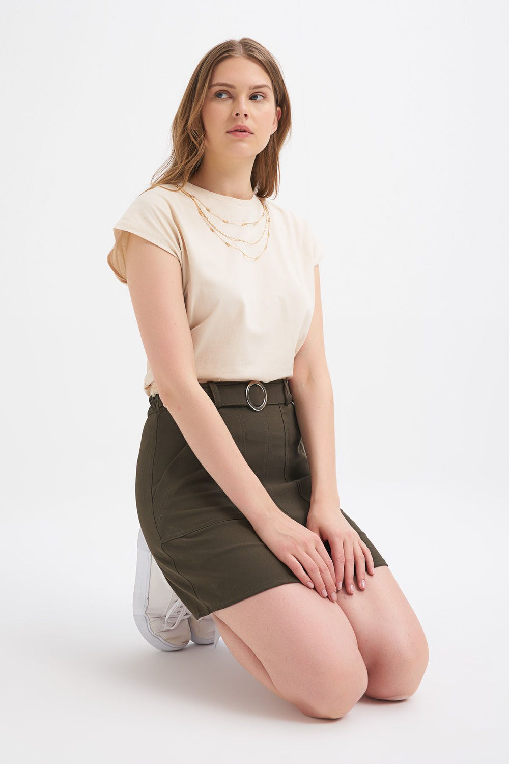 Kemerli Cep Detaylı Mini Etek Haki