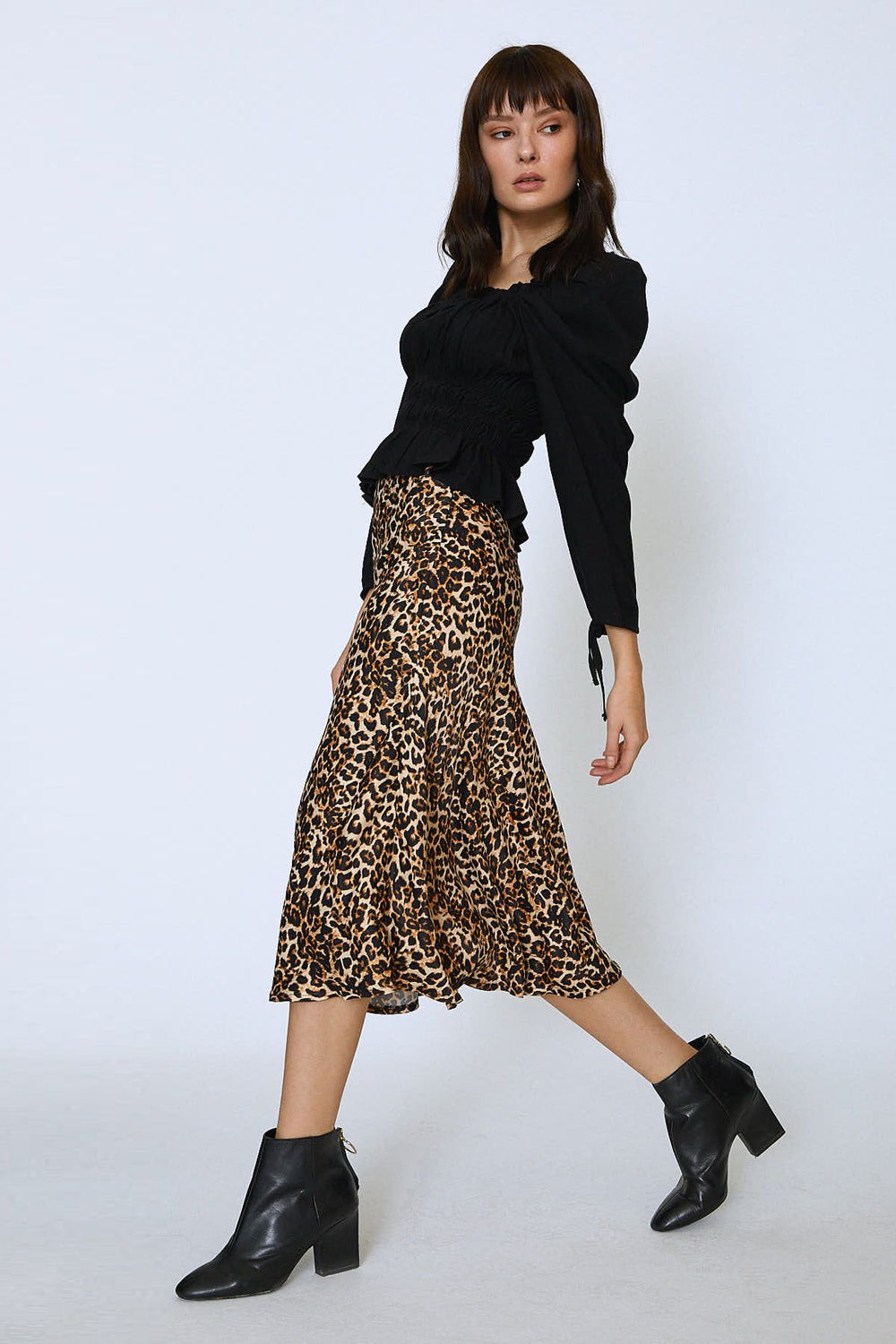 Leopard Pattern Satin Midi Skirt Brown