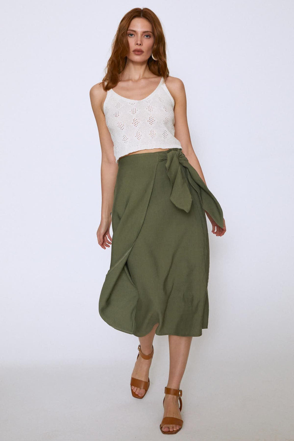 Side Tie Midi Skirt Khaki