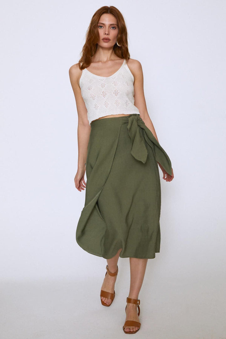 Side Tie Midi Skirt Khaki
