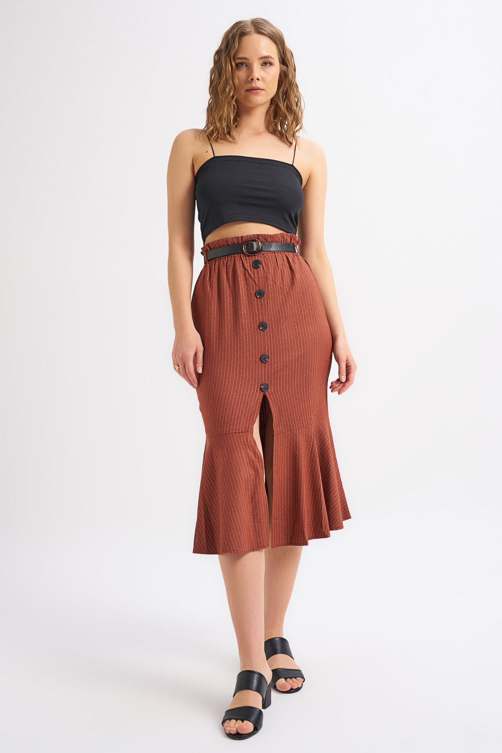 Button Front Belt Striped Skirt Tile