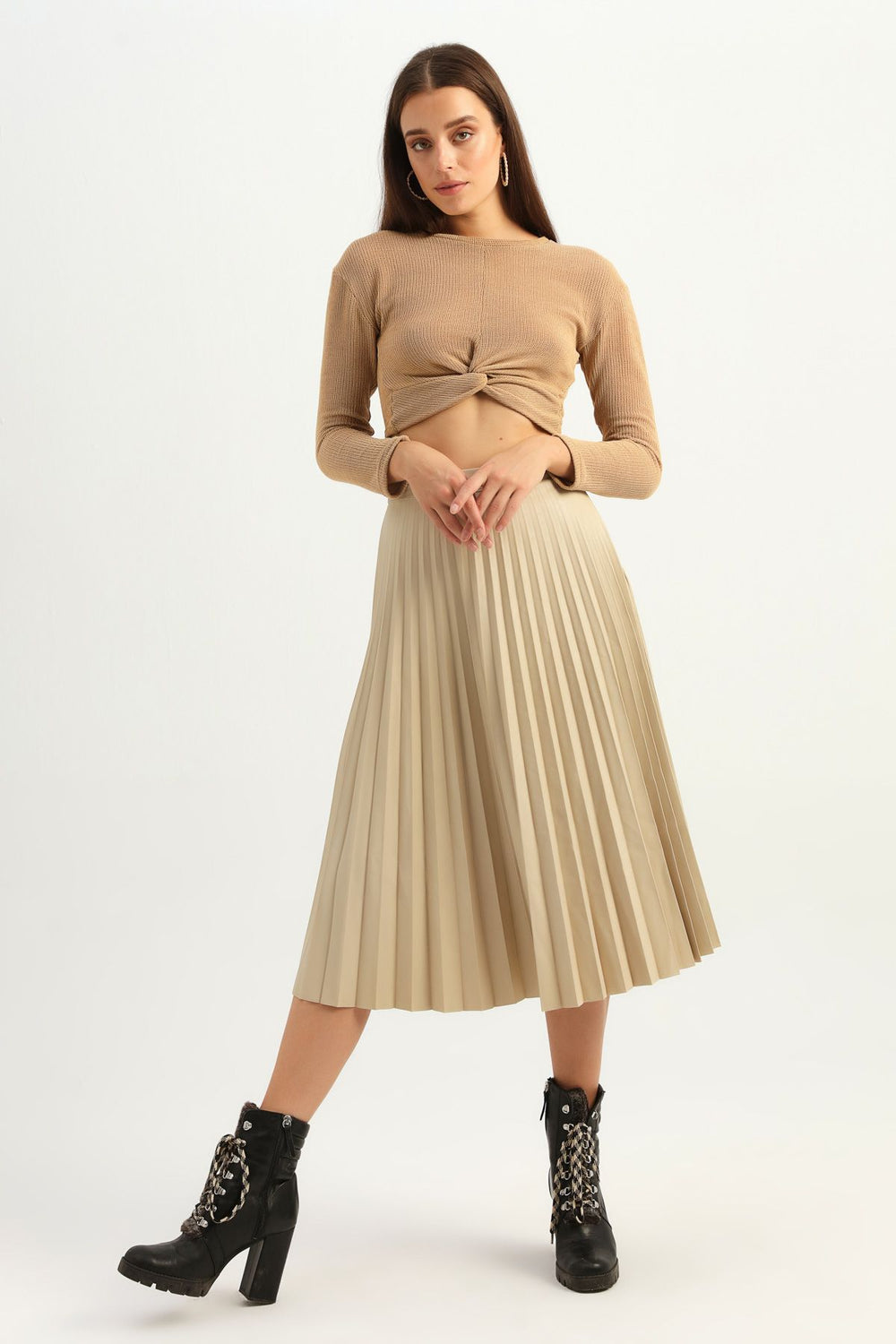 Pleated Leather Midi Skirt Stone