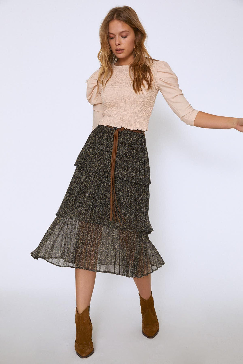 Waist Belt Layered Skirt Khaki