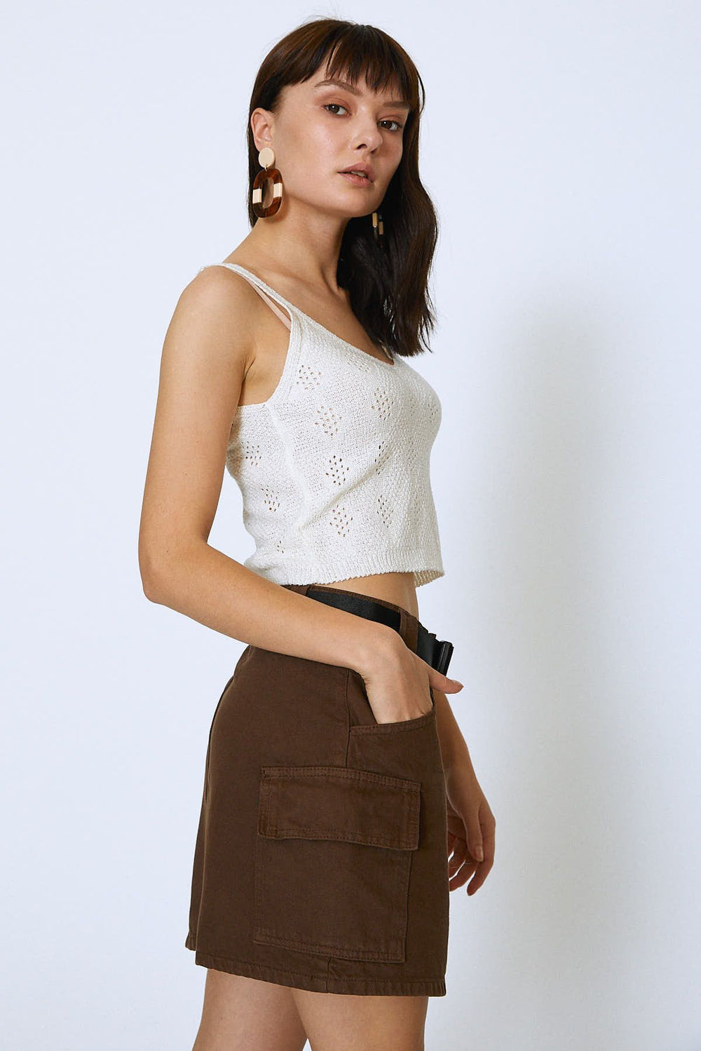 Kemerli Kargo Cepli Kot Etek Koyu Kahve