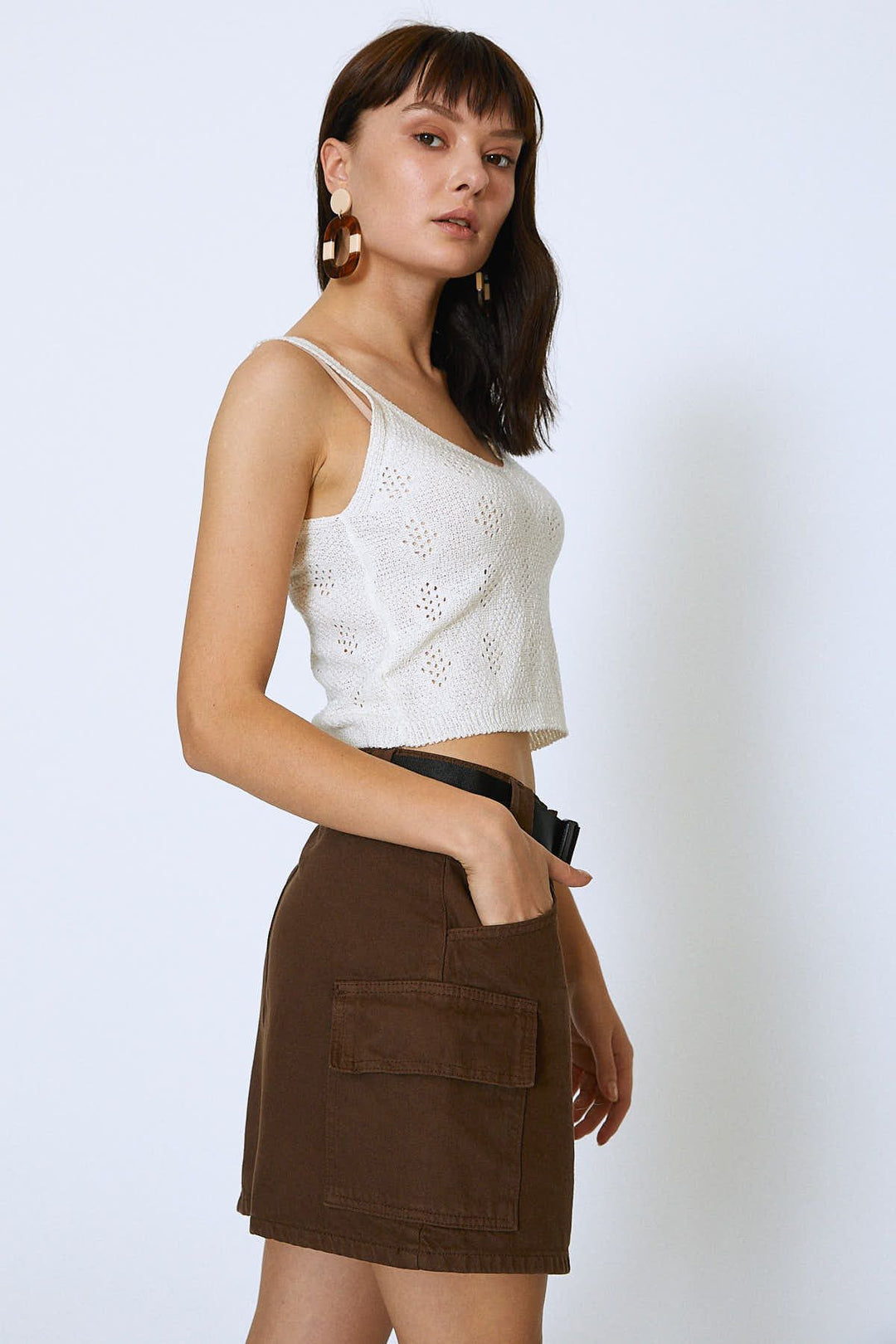 Kemerli Kargo Cepli Kot Etek Koyu Kahve