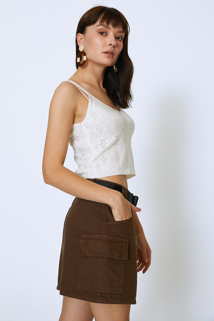 Kemerli Kargo Cepli Kot Etek Koyu Kahve