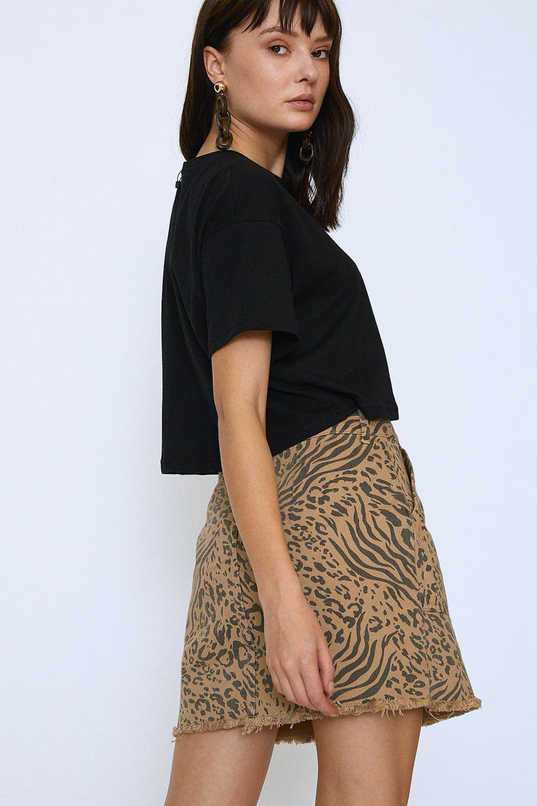 Leopard Patterned Denim Skirt Camel