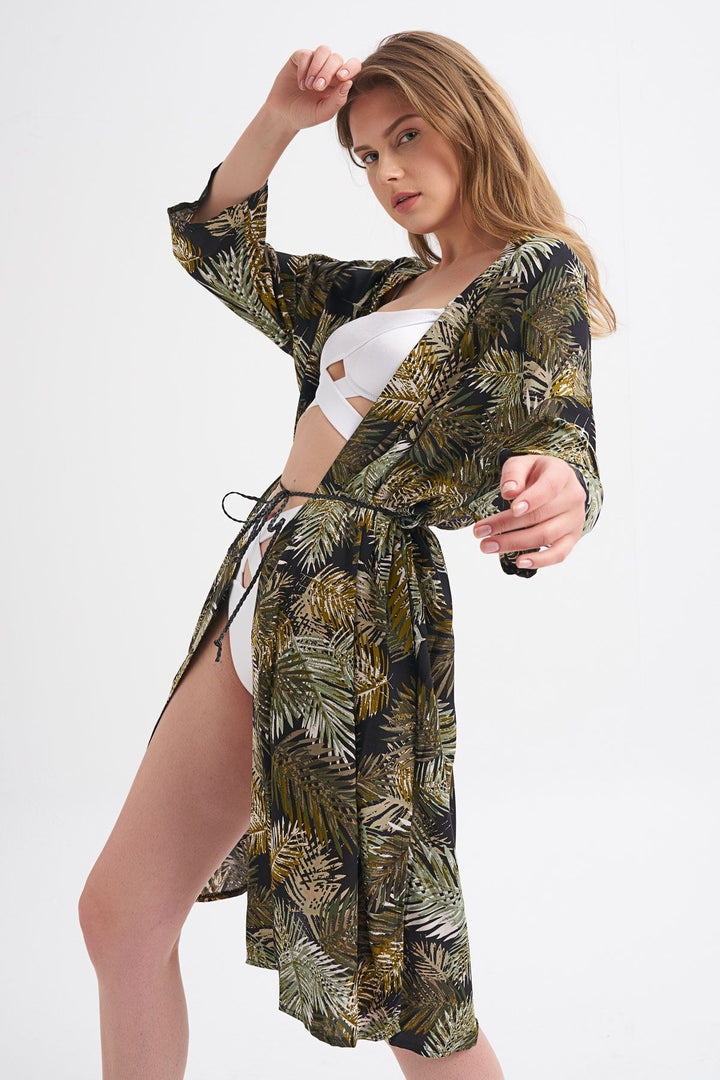 Beli Örgü Kemerli Kimono Haki