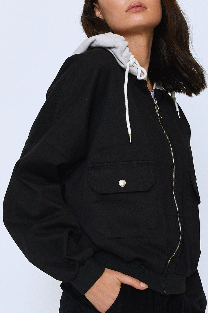 Kapüşonlu Reglan Kol Ceket Siyah
