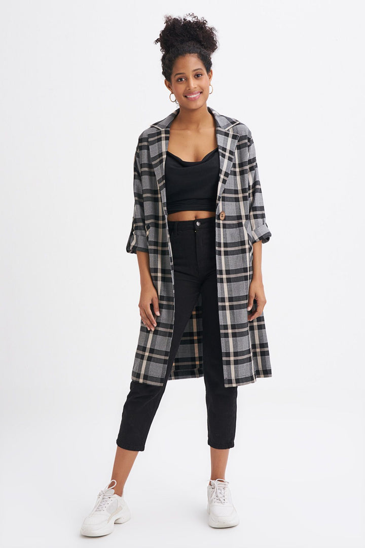 Tek Düğmeli Ekose Ceket Gri