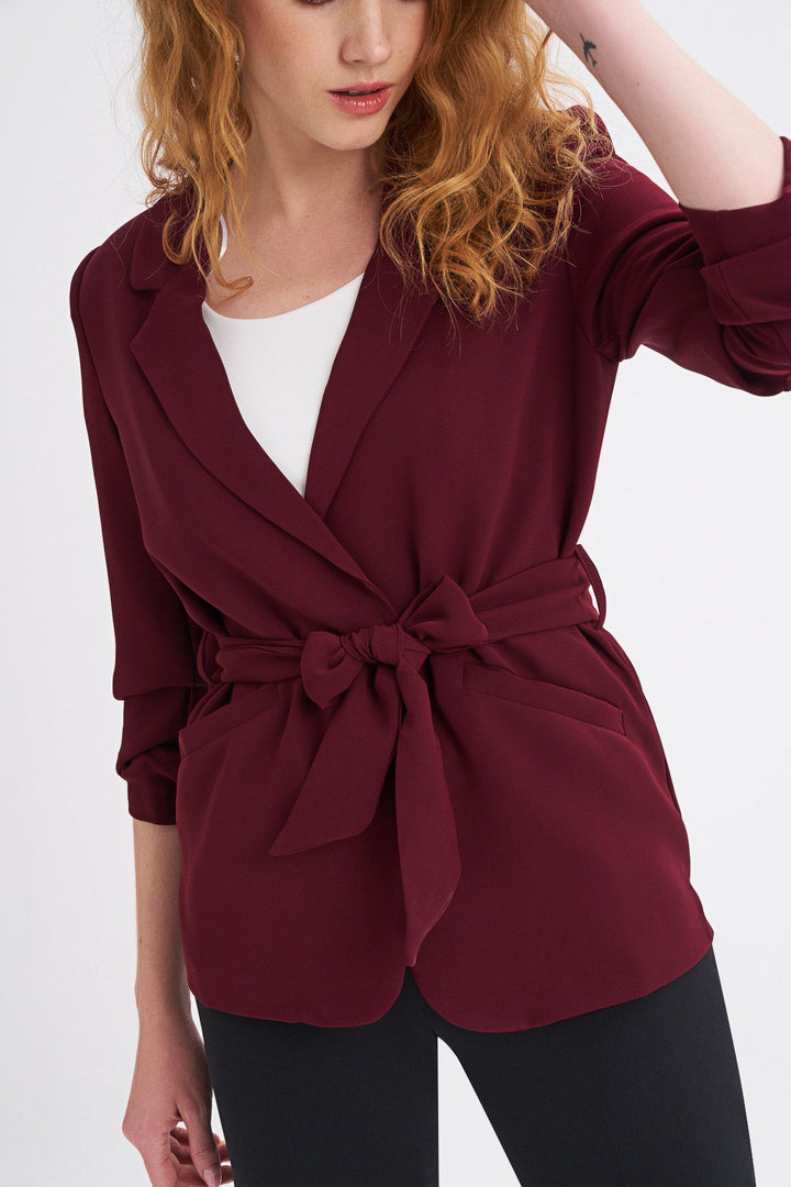Beli Kuşaklı Fleto Cepli Ceket Bordo