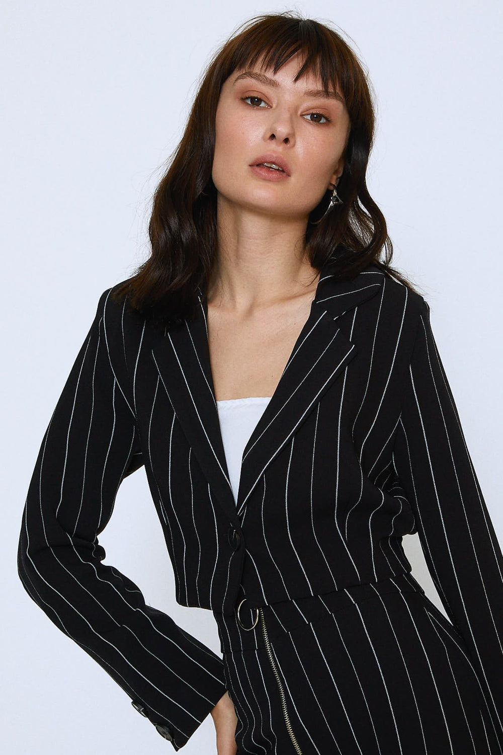 Striped Single Button Crop Jacket Black