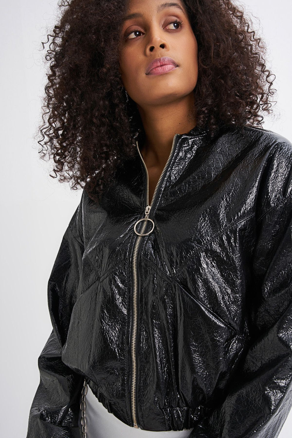 Elastic Sleeves Zippered Leather Jacket Black