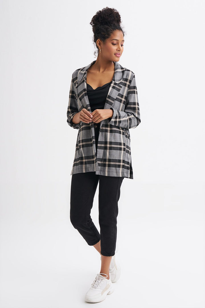 Ekose Blazer Ceket Gri