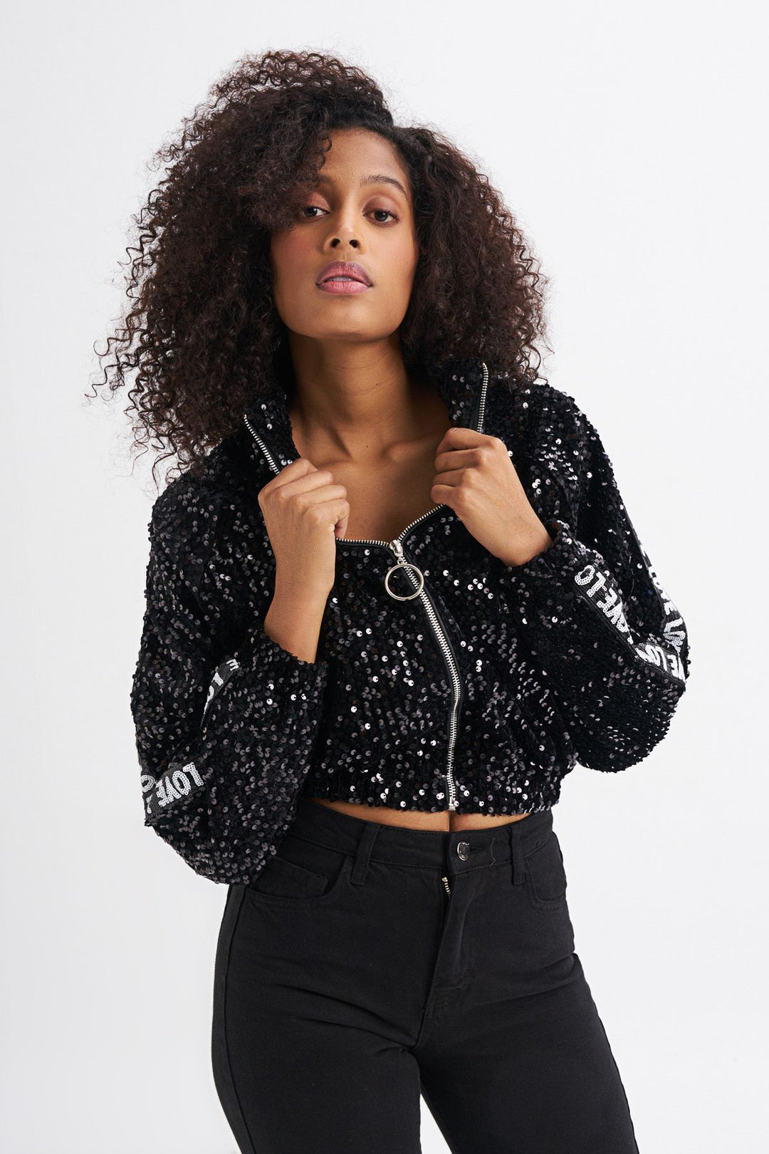 Şerit Detaylı Payetli Ceket Siyah