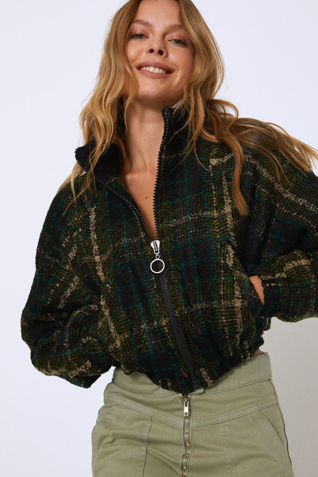 Önü Fermuarlı Kaşe Ceket Zümrüt