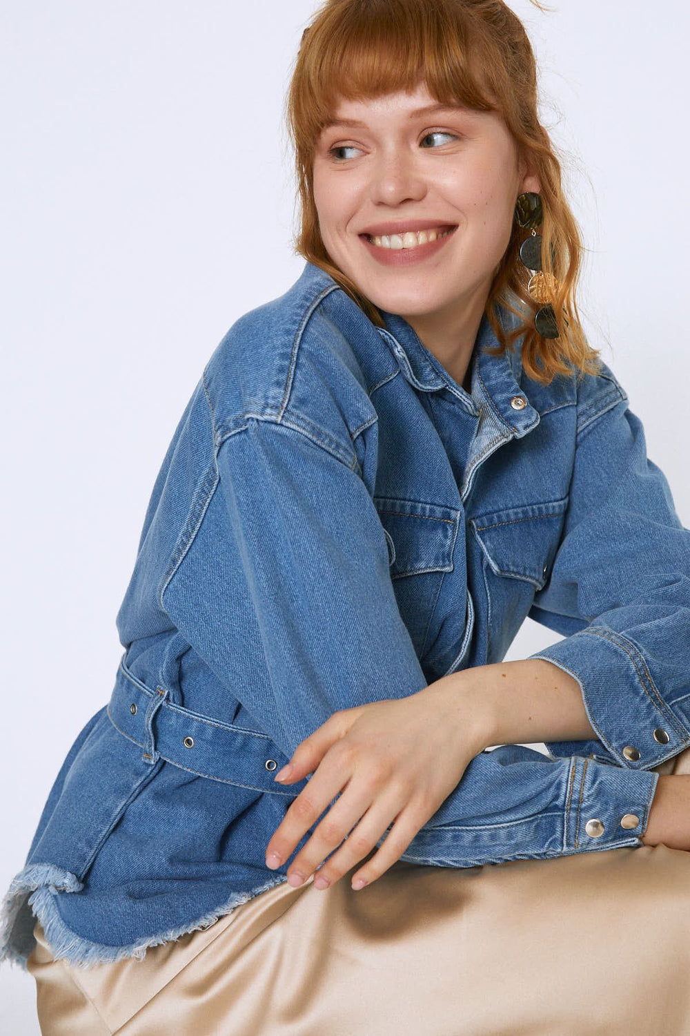 Belted Long Denim Jacket Blue