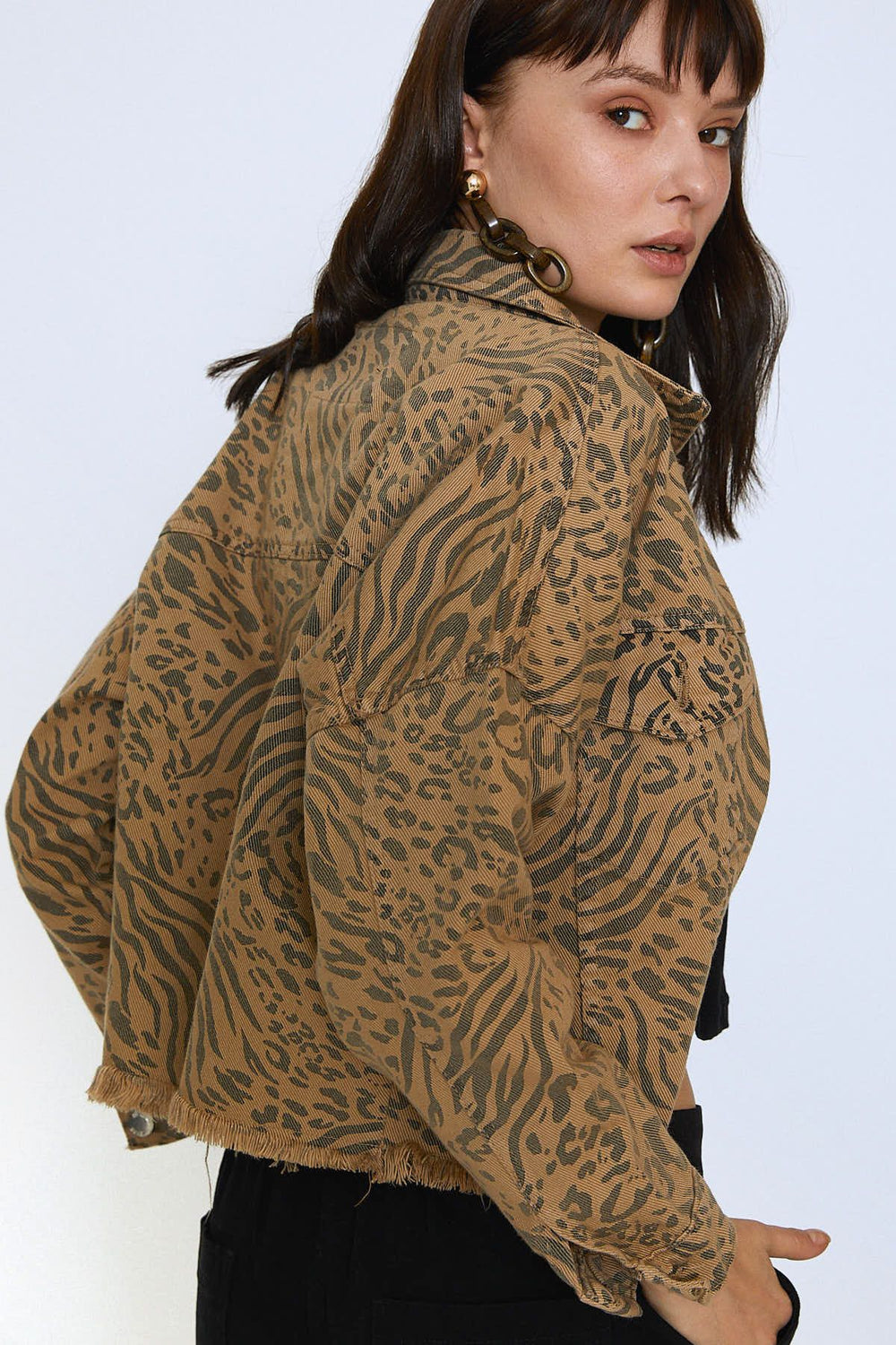 Leopard Patterned Tasseled Gabardine Denim Jacket Camel