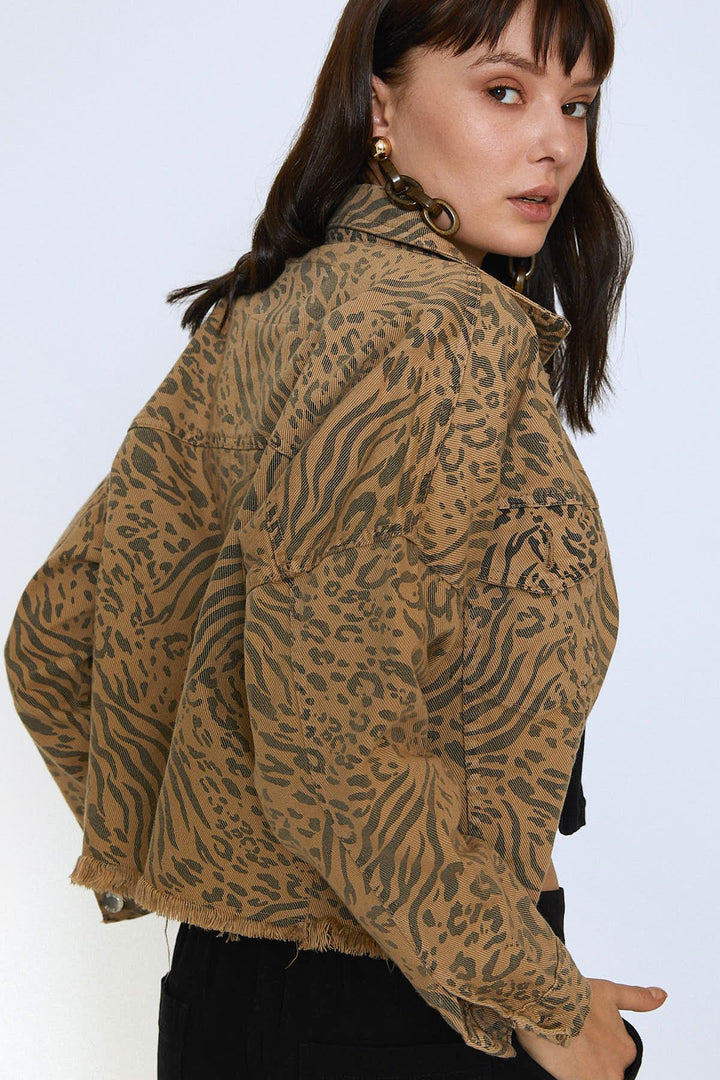 Leopard Patterned Tasseled Gabardine Denim Jacket Camel