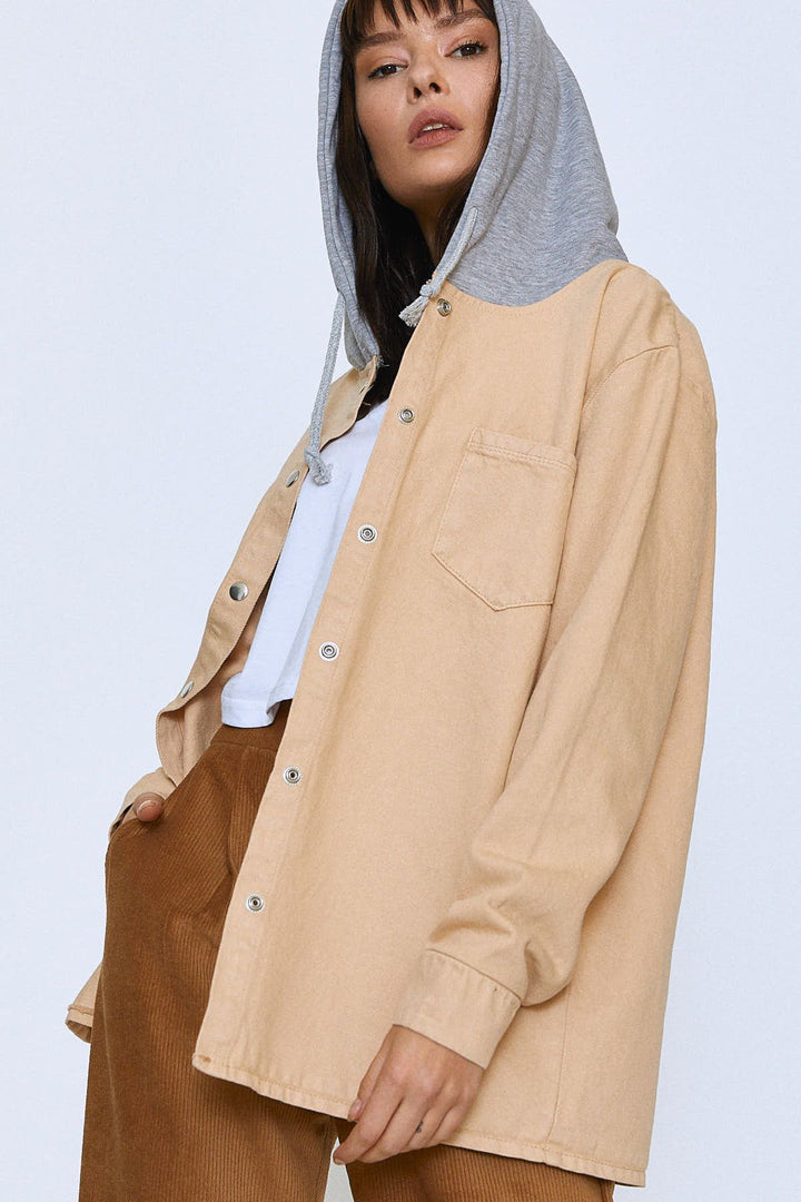 Hooded Shirt Jacket with Pockets Beige
