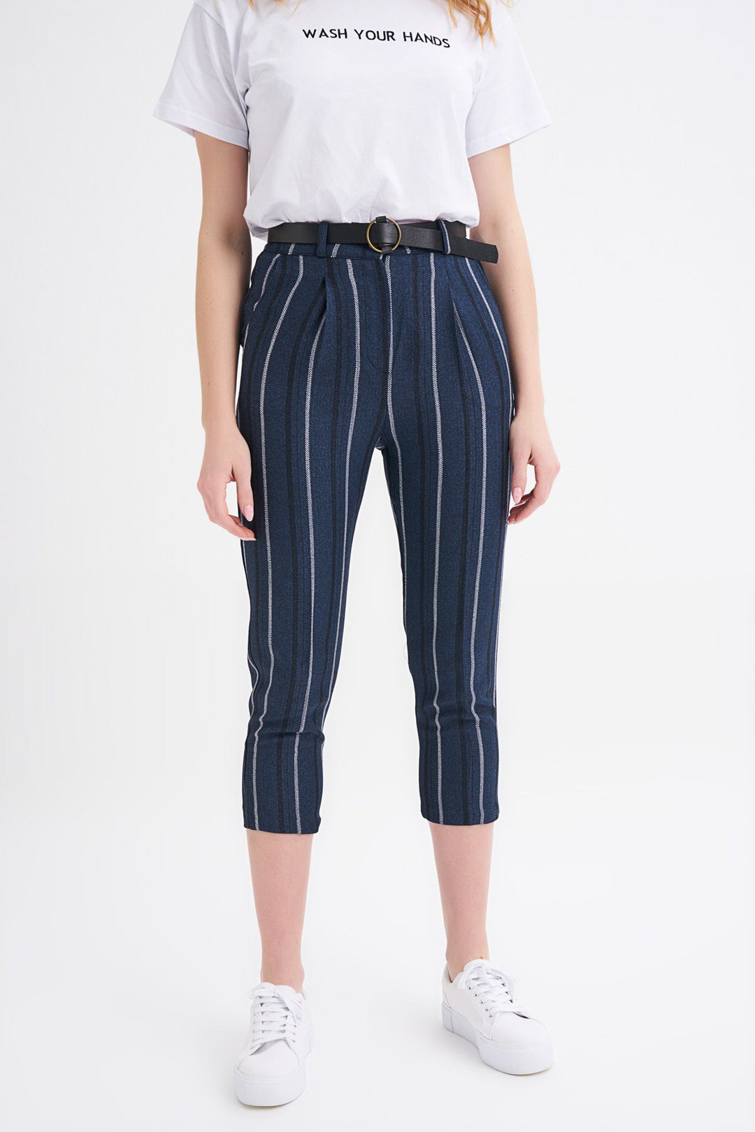 Belted Striped Trousers Navy