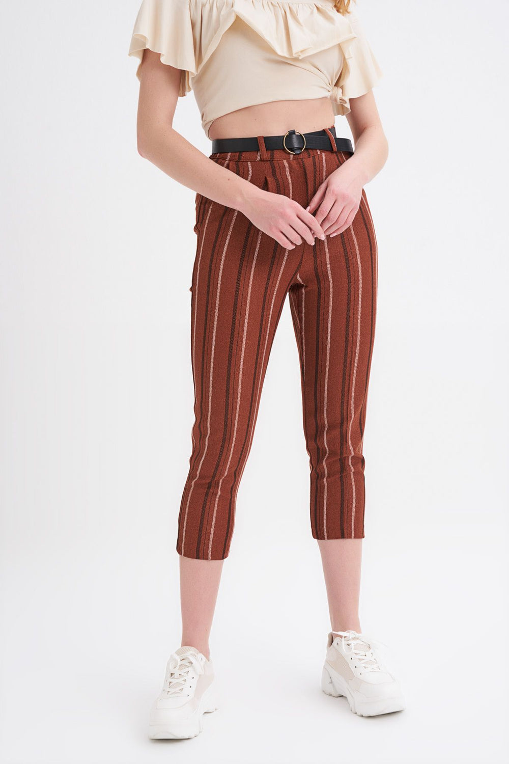 Belted Striped Trousers Brown