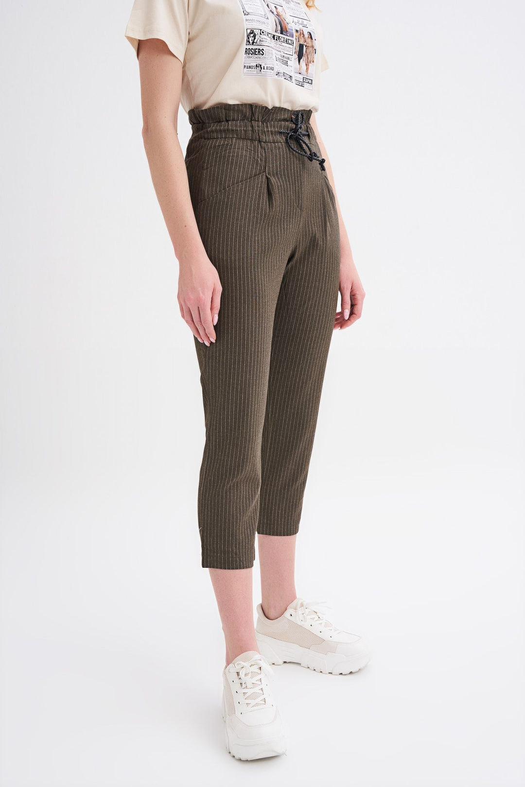 Tie Waist Striped Trousers Khaki