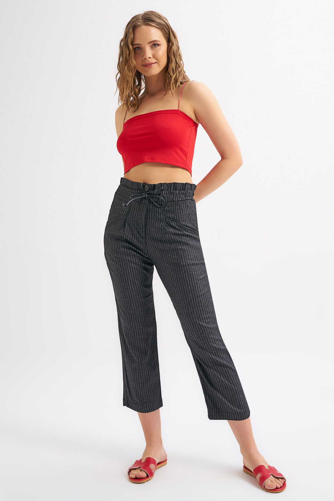 Tie Waist Striped Trousers Anthracite