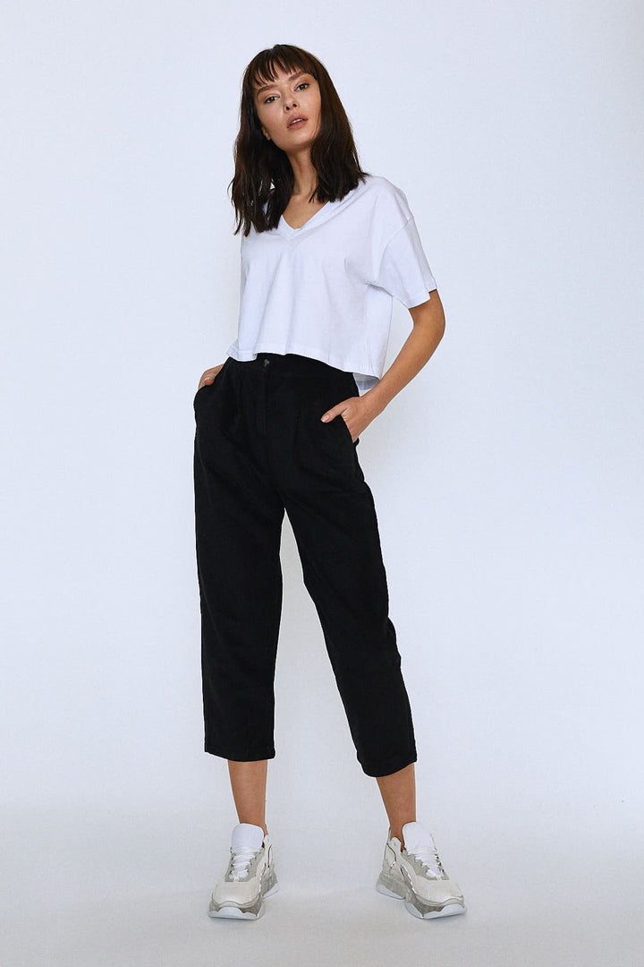 Elastic Waist Velvet Trousers Black