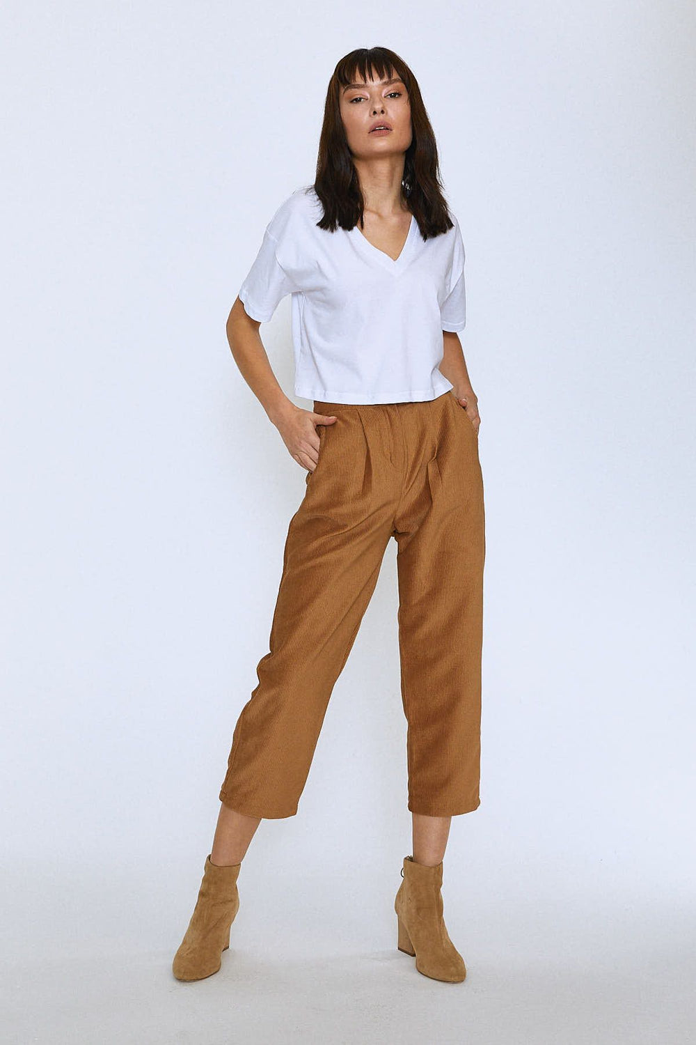 Elastic Waist Velvet Trousers Camel