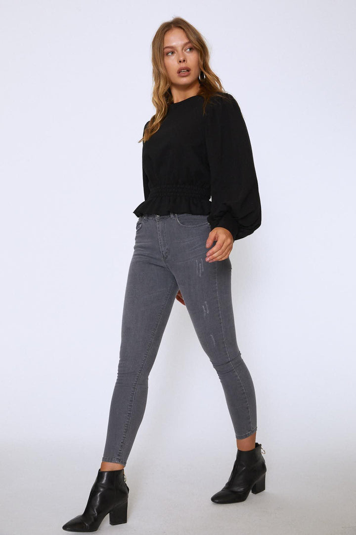 Yüksek Bel Skinny Pantolon Gri