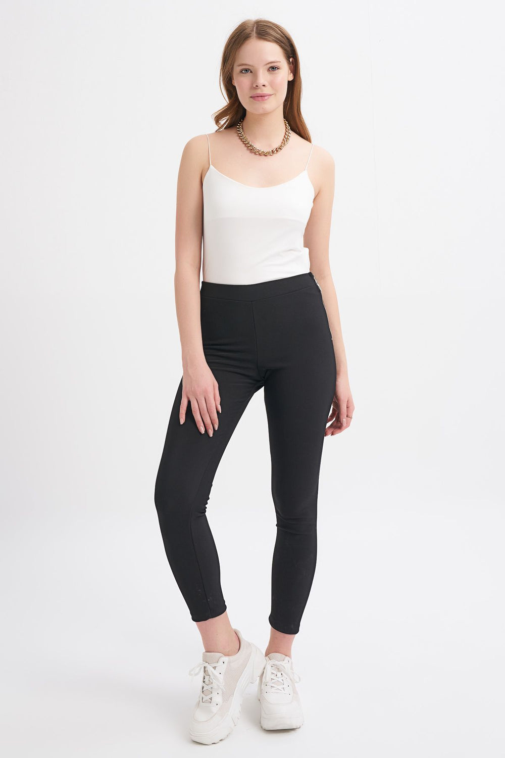 Side Zipper Basic Leggings Black