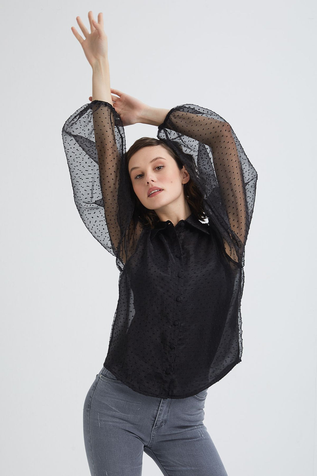 Embossed Sleeves Pleated Tulle Shirt Black