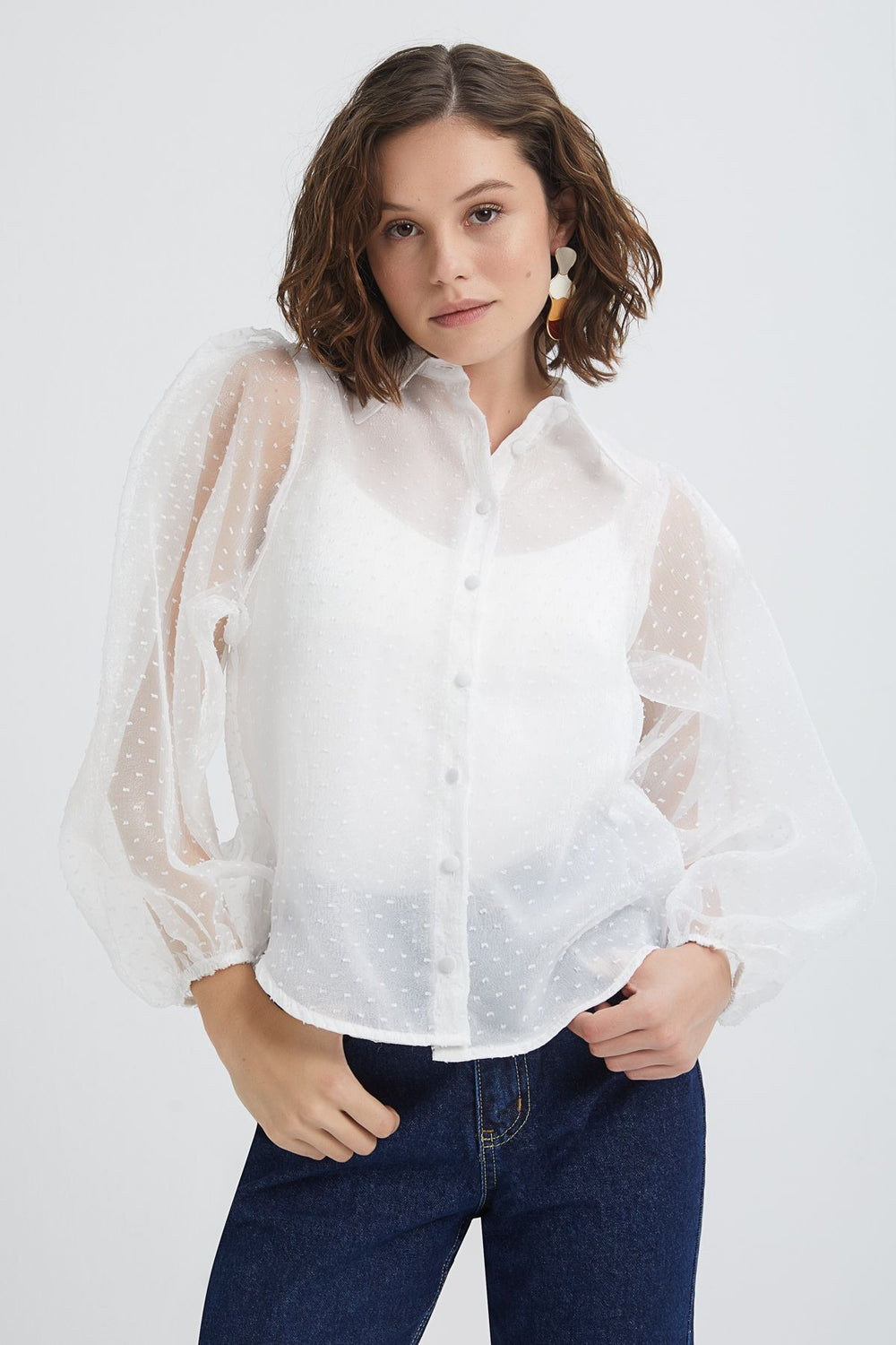 Embossed Sleeves Pleated Tulle Shirt Ecru