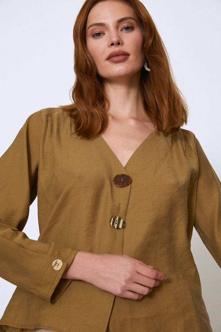 Buttoned V-Neck Shirt Khaki