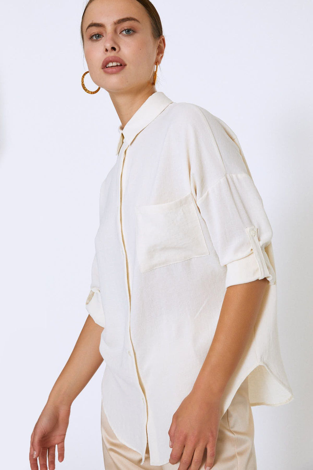 Embroidered Back Three Quarter Sleeve Shirt Ecru