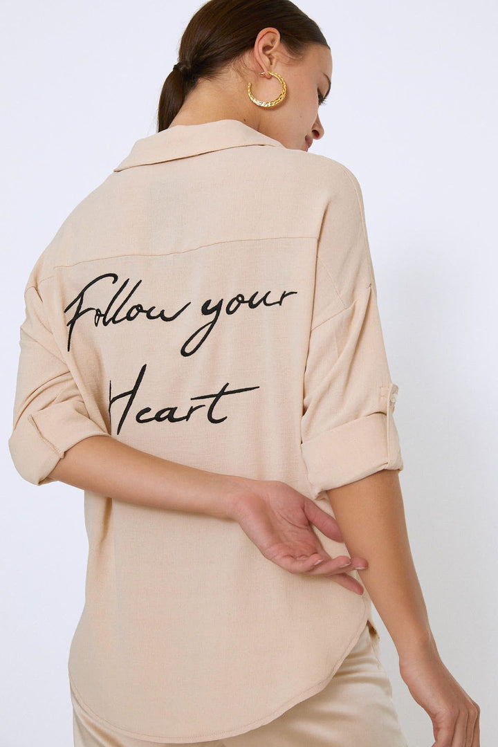 Embroidered Back Three Quarter Sleeve Shirt Stone