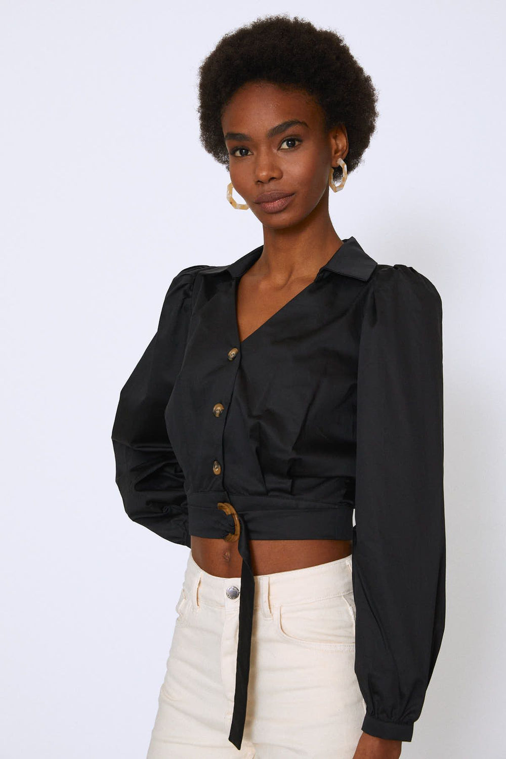 Buttoned Front Balloon Sleeve Shirt Black