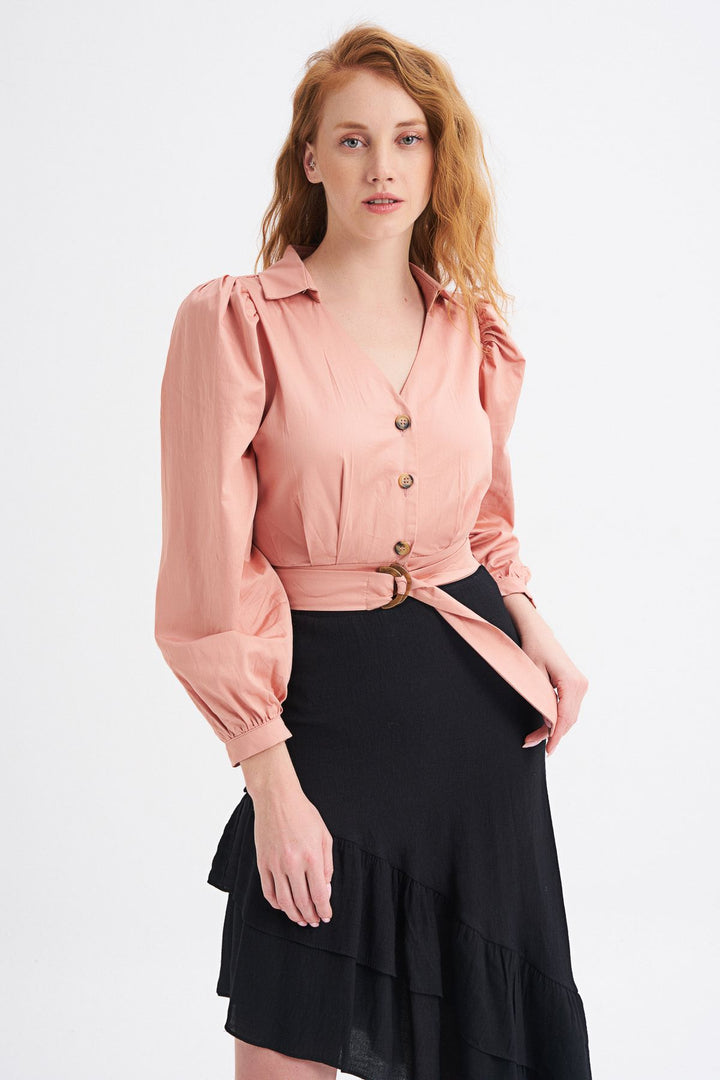 Önü Düğmeli Balon Kol Gömlek Somon